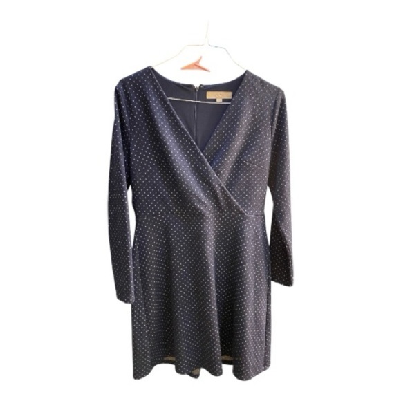 LOFT Petites Navy Blue Long Sleeve with Stars Faux Wrap Dress - Picture 2 of 4